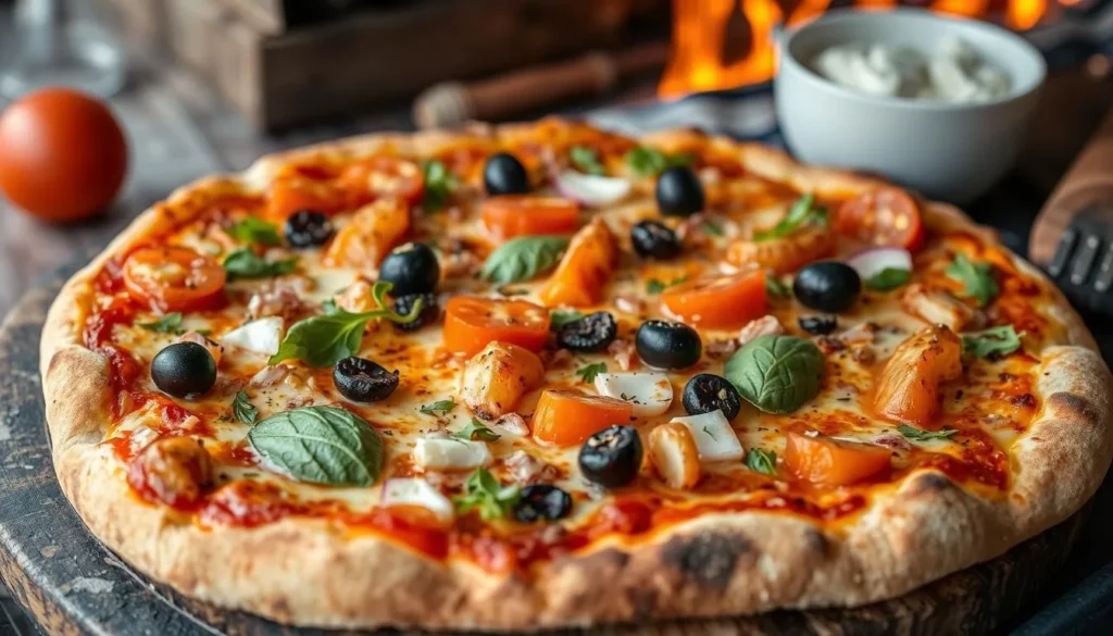 Image of a wood-fired pizza with local ingredients