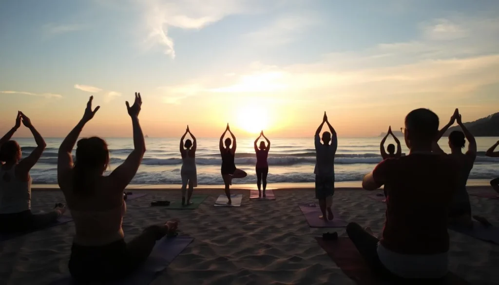 Image of a yoga class on Pattaya Beach at sunrise