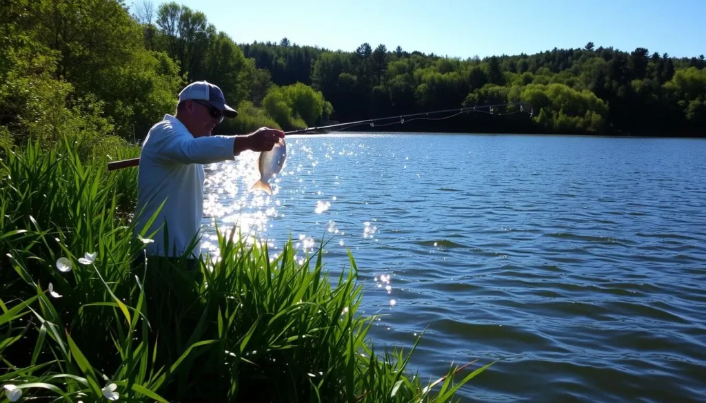 Image of an angler catching a fish at Mark Twain Lake