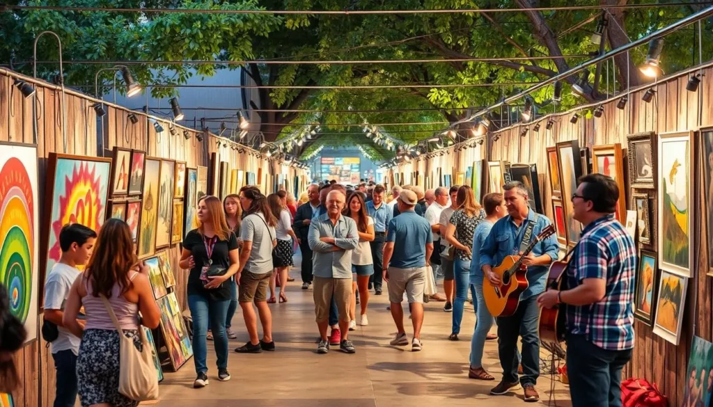 Image of an art walk in Oklahoma City with people viewing art and enjoying live music