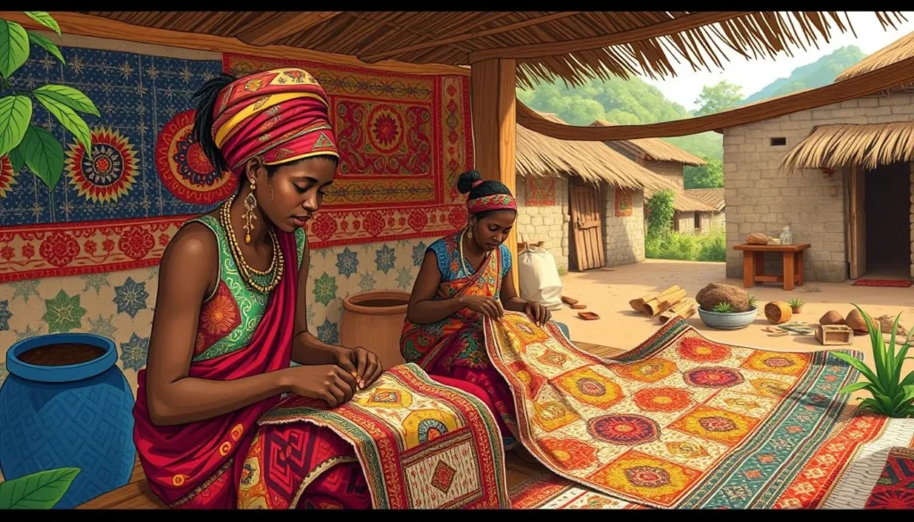 Image of artisans creating Adinkra cloth at Ntonso Village