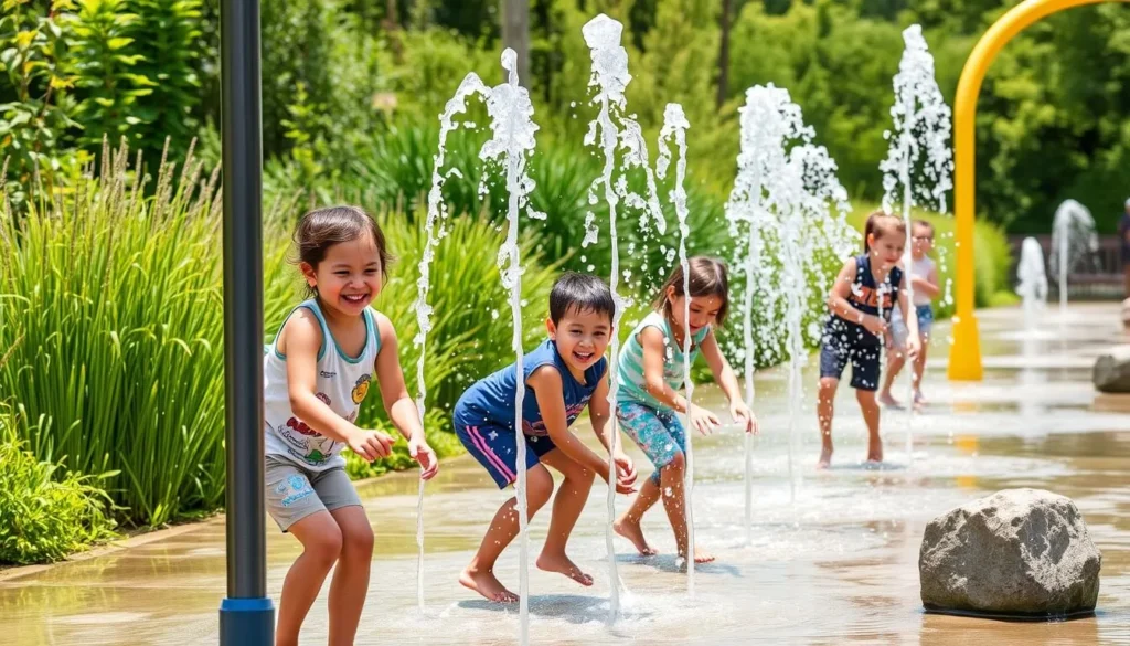 Image of children playing at a water station on the Zwerg Bartli Theme Trail