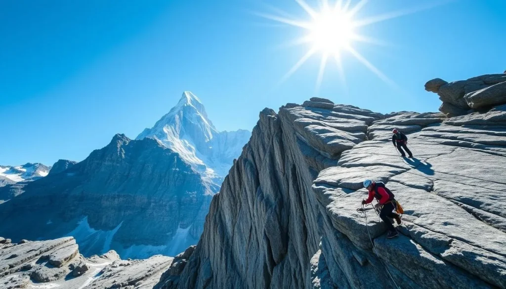 Image of climbers scaling a rock face in Glarus, with the Tödi mountain in the background