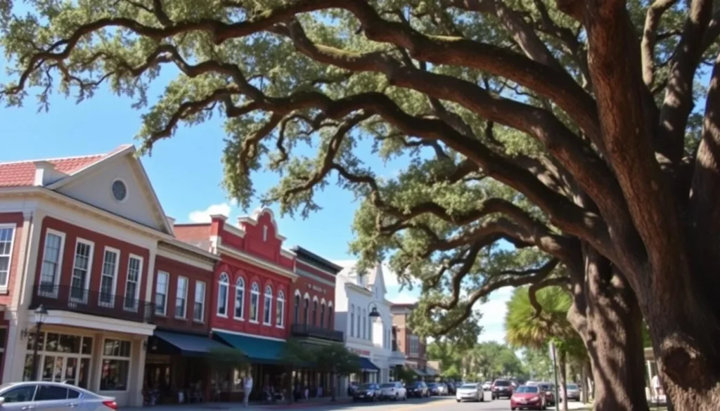 Image of downtown Ocean Springs with historic buildings and oak trees