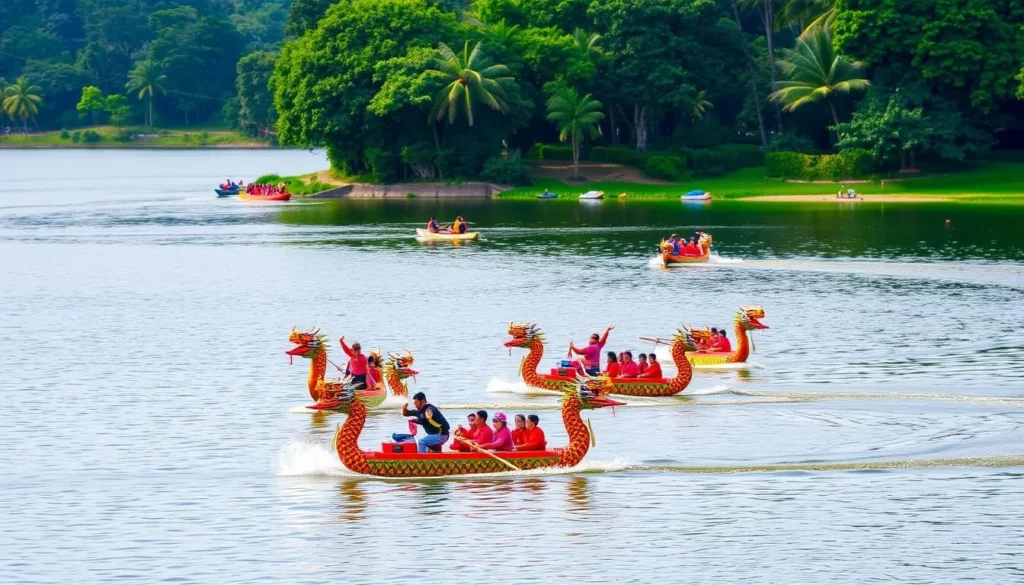 Image of dragon boats racing at Bedok Reservoir in Singapore