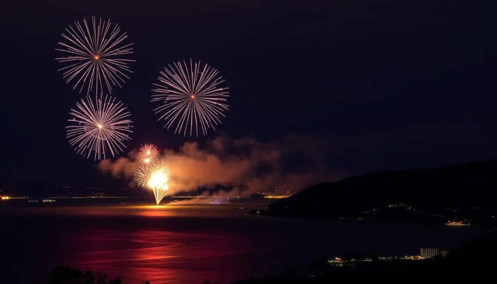Image of fireworks over Lake Geneva on Swiss National Day