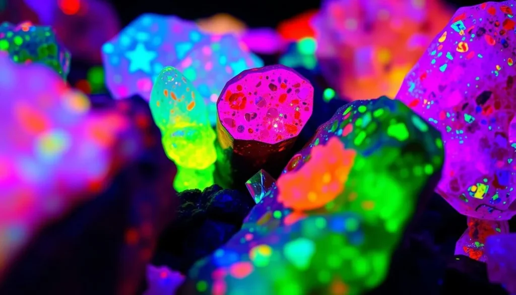 Image of fluorescent minerals glowing under UV light at Sterling Hill Mining Museum