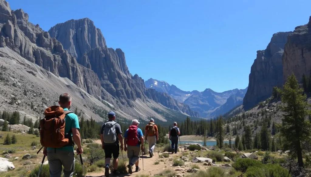 Image of hikers approaching Canyon Creek Lakes with granite peaks in the background