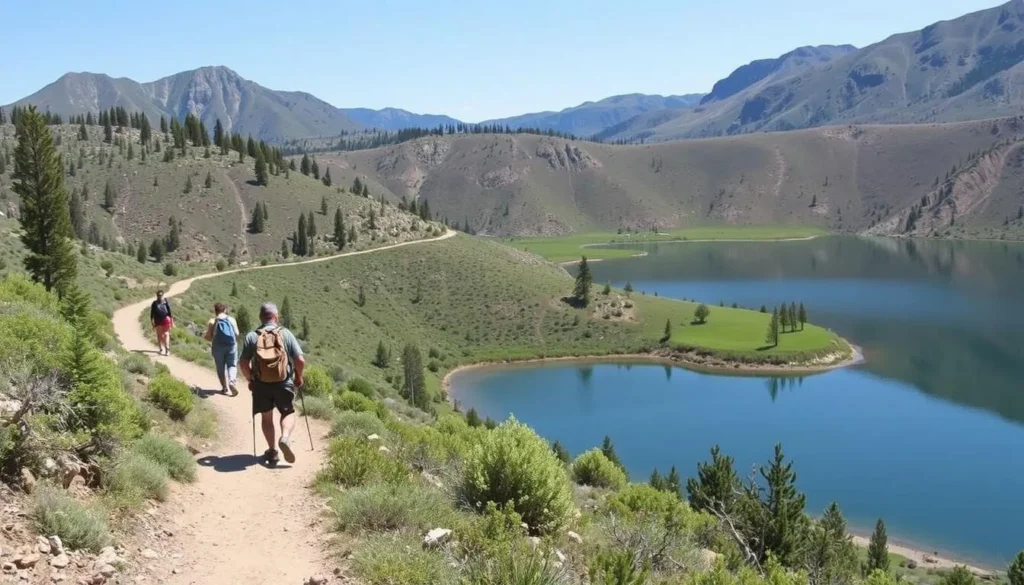 Image of hikers on a trail around Silverwood Lake