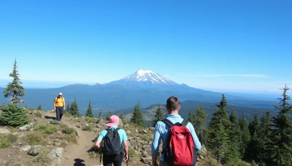 Image of hikers on the 1906 Trail with Mount Helena in the background