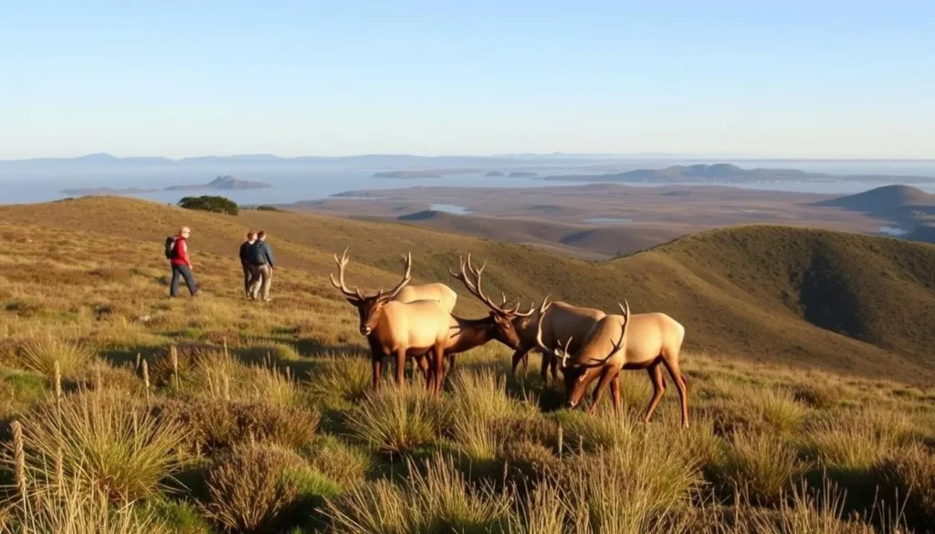 Image of hikers on the Tomales Point Trail with tule elk in the foreground