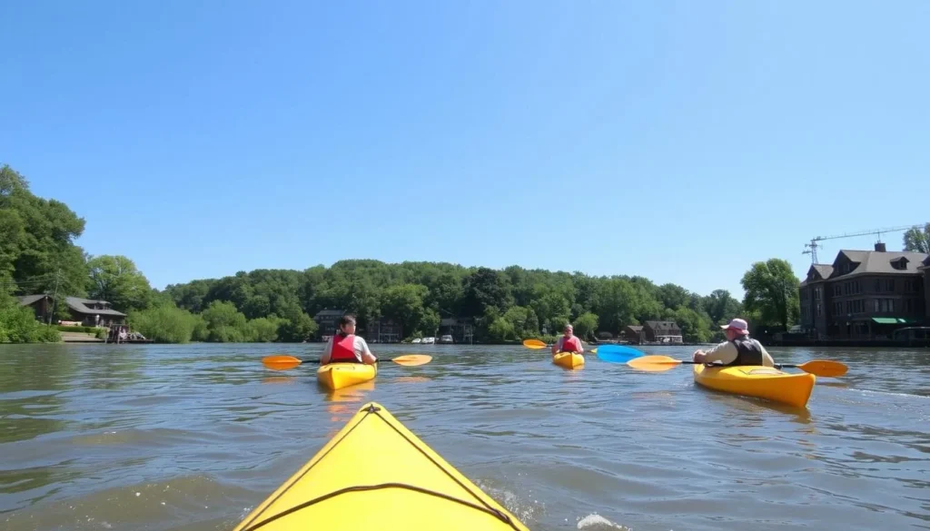 Image of kayakers on the Muskingum River, with Marietta's riverfront in the background