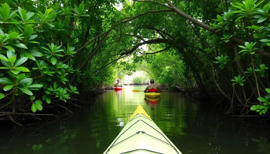 Image of kayakers paddling through mangrove tunnels in Marathon
