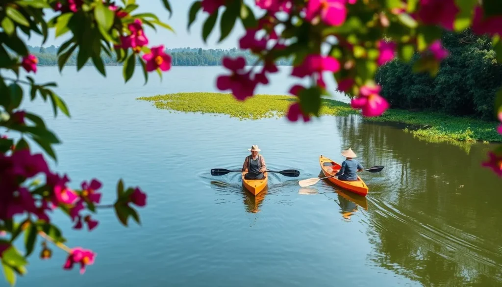 Image of kayakers paddling through the calm waters of Tonle Sap Lake surrounded by lush greenery