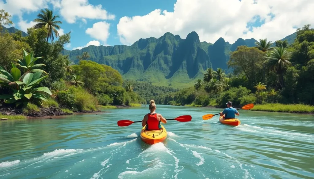 Image of kayakers paddling up the Wailua River