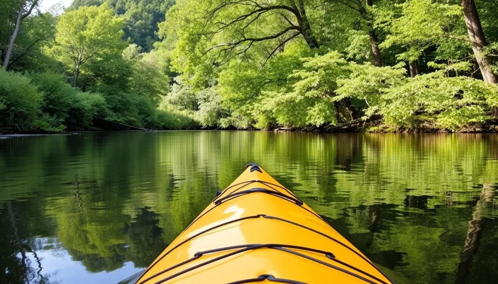 Image of kayaking on the Laurel River, with calm waters and lush greenery.