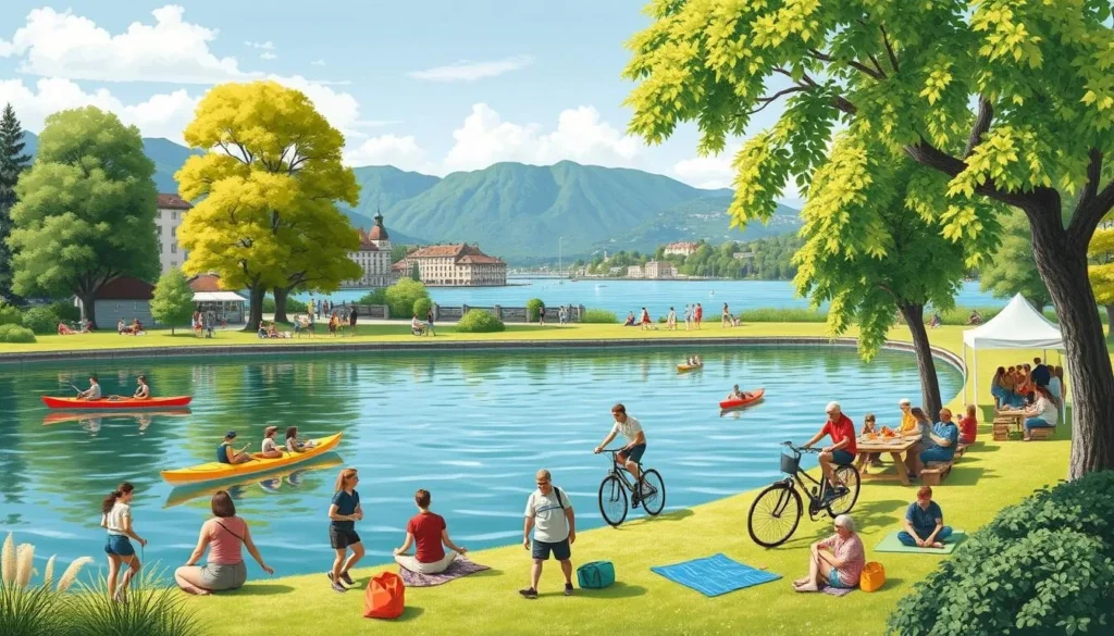 Image of people engaging in various outdoor activities around Lake Geneva