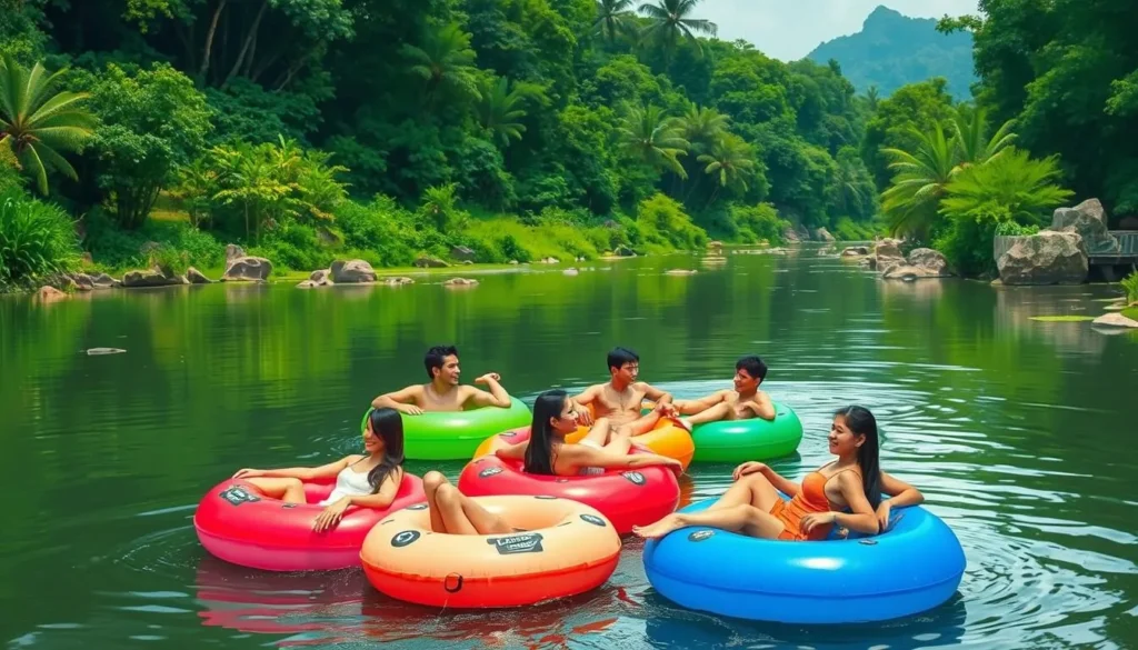 Image of people enjoying river tubing in Cagayan de Oro City, floating on donut-shaped innertubes down the Cagayan River.