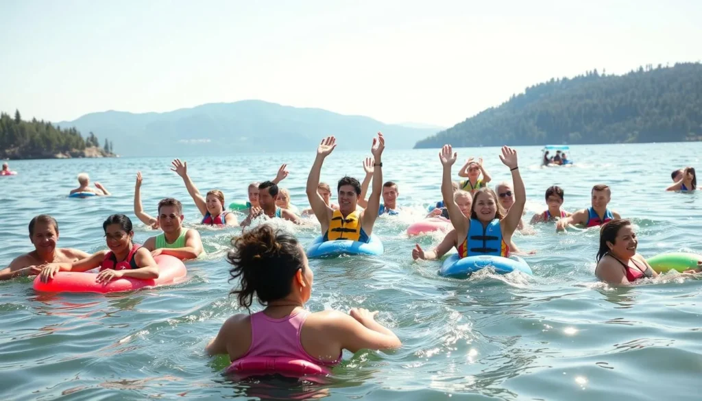 Image of people enjoying various water activities on Huntington Lake