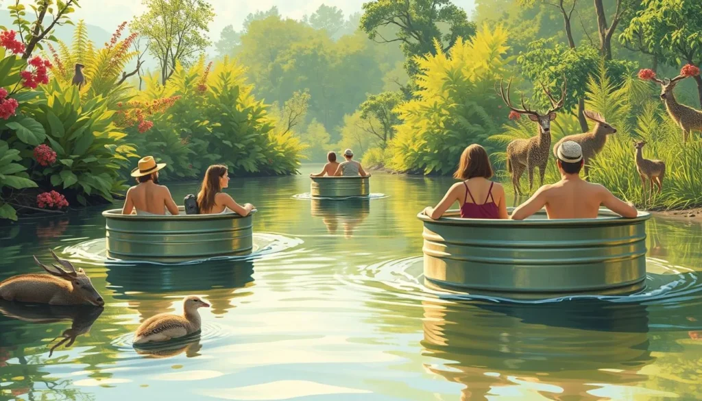 Image of people floating down a river in metal stock tanks, surrounded by lush greenery and wildlife.