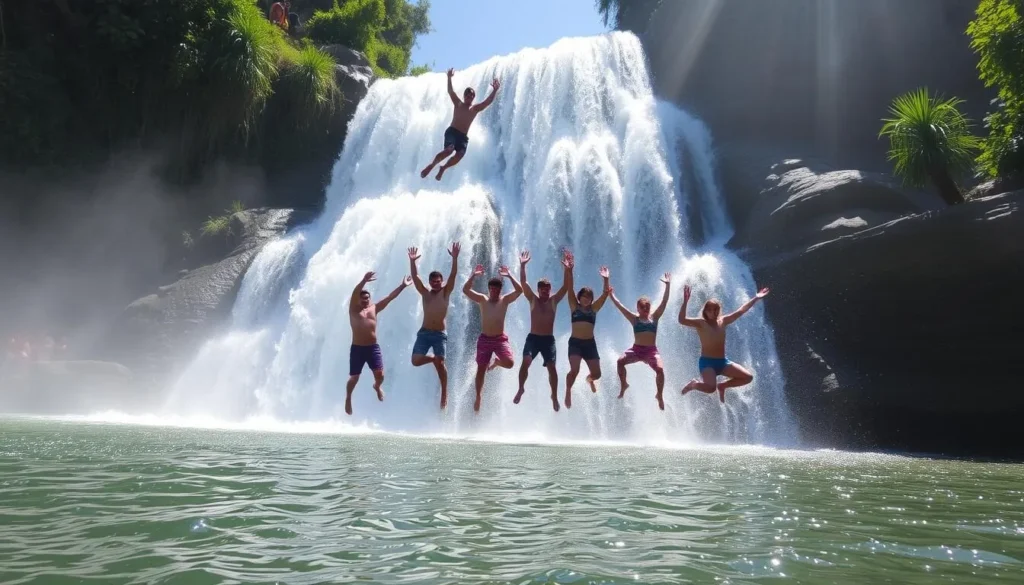 Image of people jumping off a waterfall at Los Micos