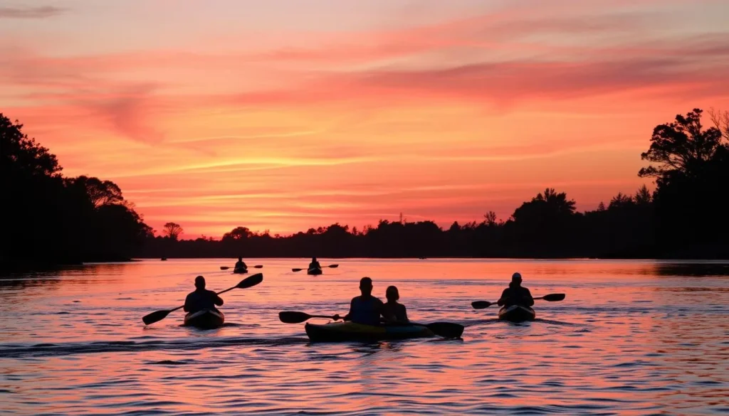 Image of people kayaking on the Sacramento River during sunset