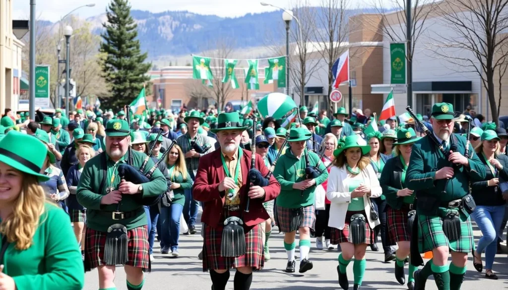 Image of people marching in the St. Patrick's Day Parade in Butte, Montana, with green attire and bagpipers