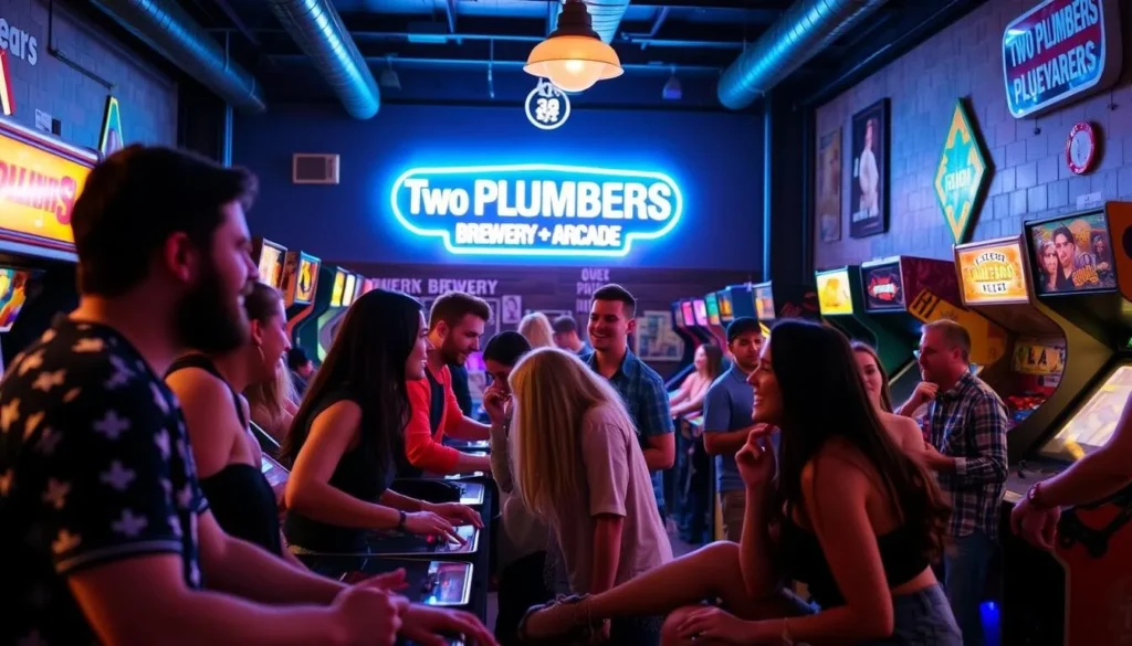 Image of people playing arcade games at Two Plumbers Brewery + Arcade