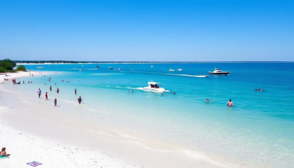 Image of people swimming and boating on Lake McConaughy, with a backdrop of white sandy beaches.