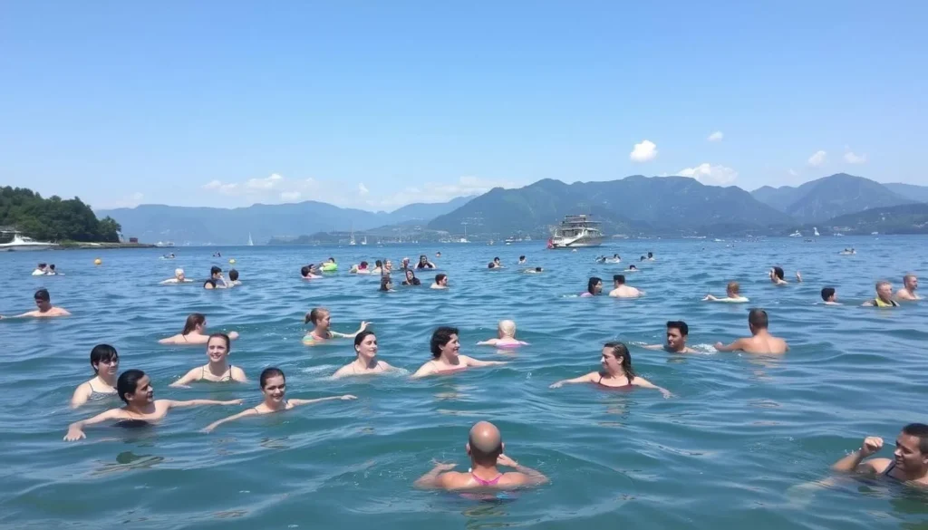 Image of people swimming and enjoying water activities on Lake Zurich