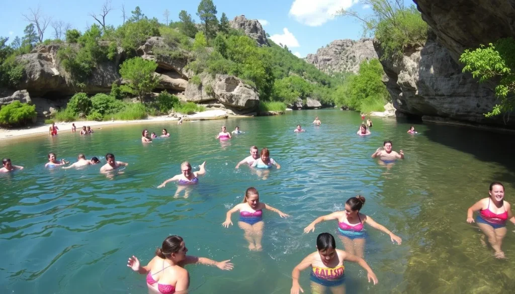 Image of people swimming and playing in the natural waterways of Johnson's Shut-ins State Park