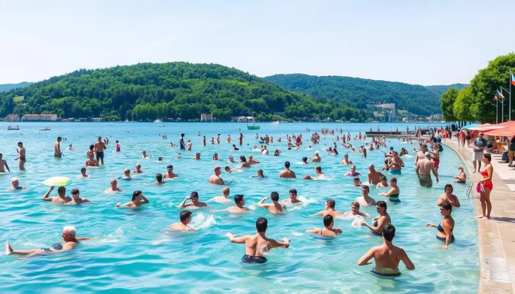 Image of people swimming at Strandbad Mythenquai on Lake Zurich