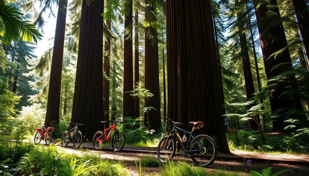 Image of railbikes in a redwood forest