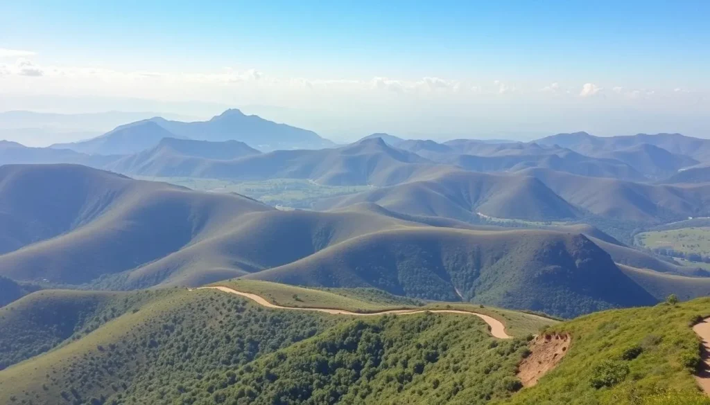 Image of rolling hills near Kananga Airport with a hiking trail