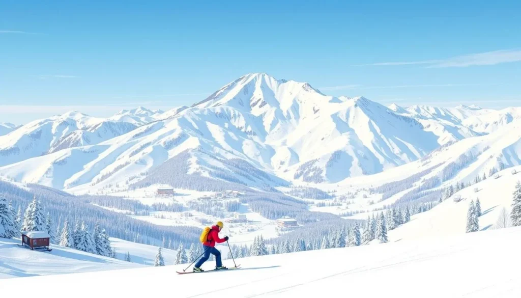 Image of skiers on the slopes of Snow Summit ski resort with a snowy mountain landscape