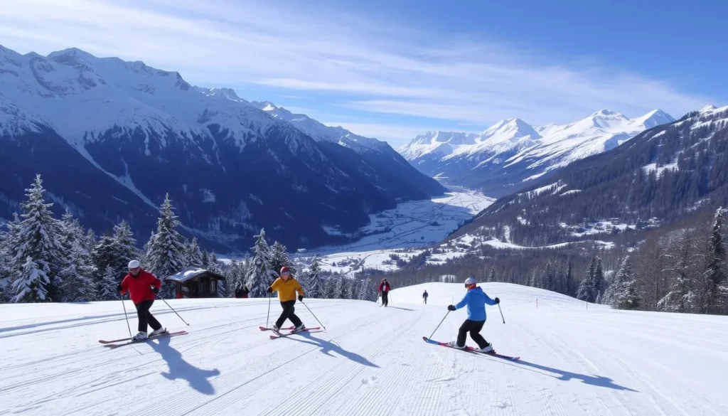 Image of skiers on the slopes of the Gotthard region with snow-capped mountains in the background