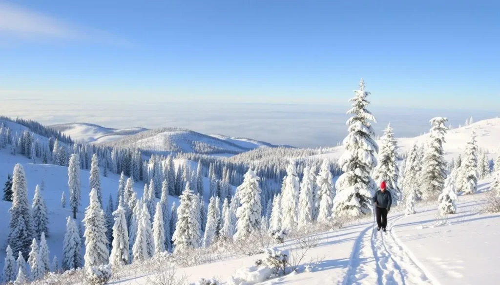 Image of snowshoeing or cross-country skiing trails in Mount Shasta with serene winter landscapes