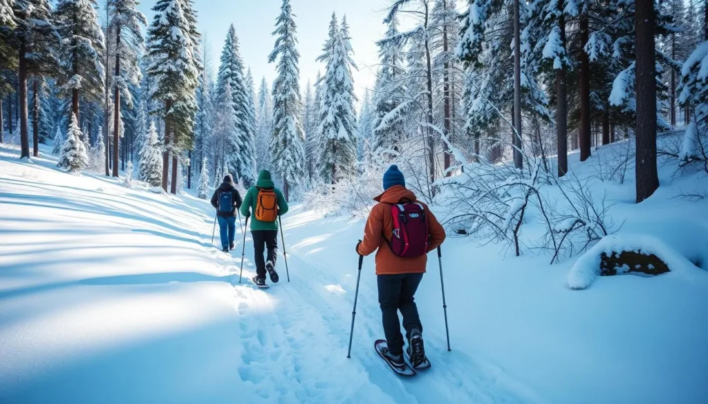 Image of snowshoers trekking through a serene, snow-covered forest.