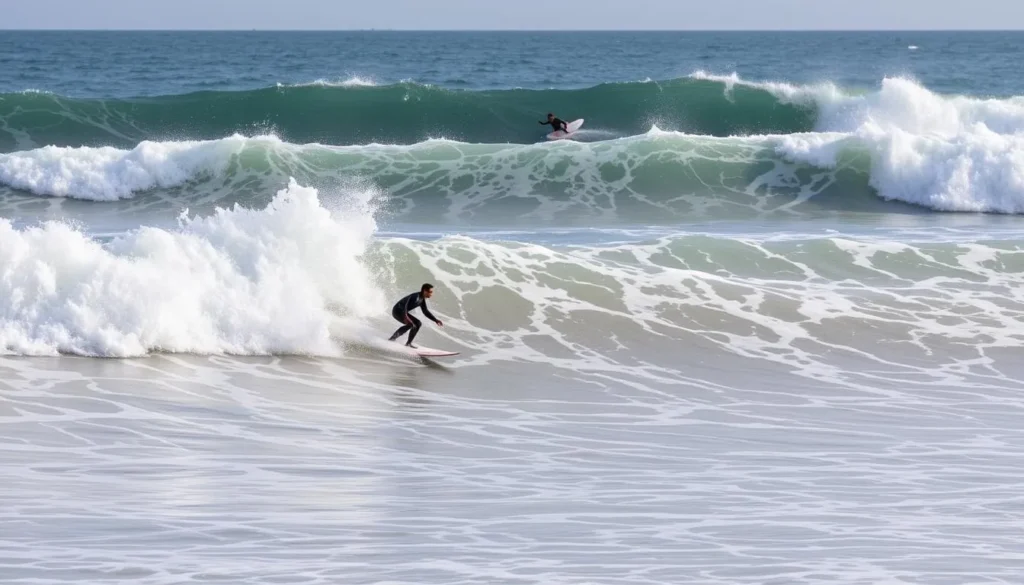 Image of surfers riding waves at Taghazout Bay