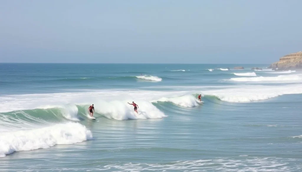 Image of surfers riding waves on the Atlantic coast