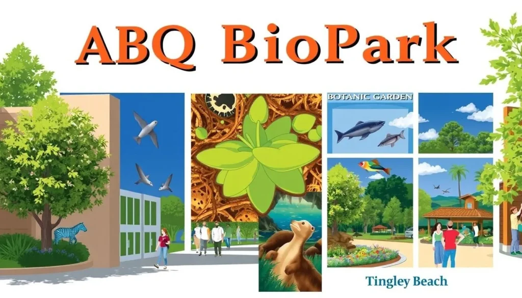 Image of the ABQ BioPark's main entrance or a collage of its four attractions: Zoo, Aquarium, Botanic Garden, and Tingley Beach