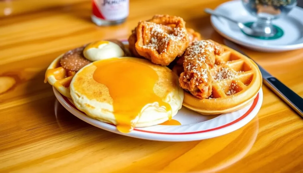 Image of the All Star Plate at Joji's Diner, featuring pancakes and chicken and waffles