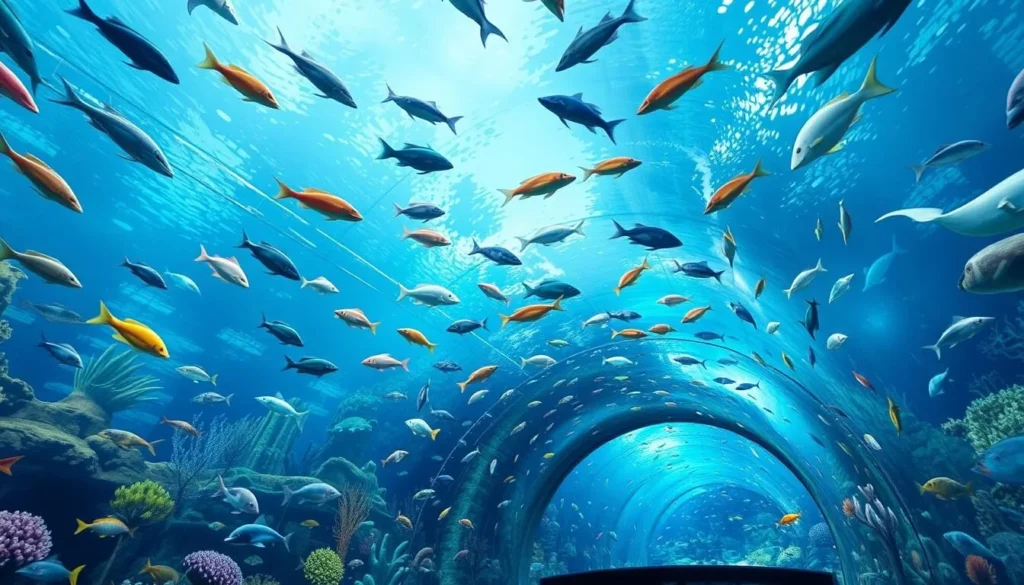 Image of the Aquarium du Québec's Awesome Ocean Discovery tunnel with diverse marine life.