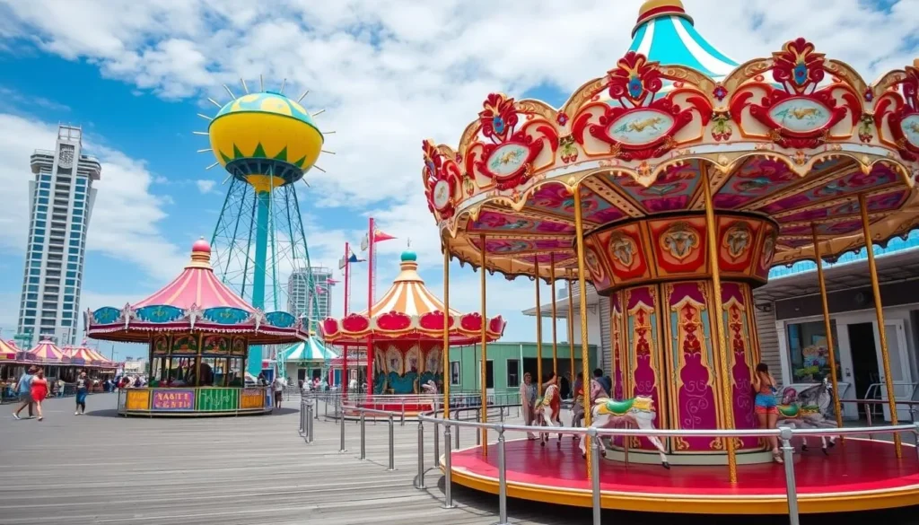 Image of the Atlantic City Boardwalk with a historic carousel and amusement rides.