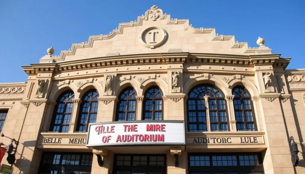 Image of the Belle Mehus Auditorium's historic facade