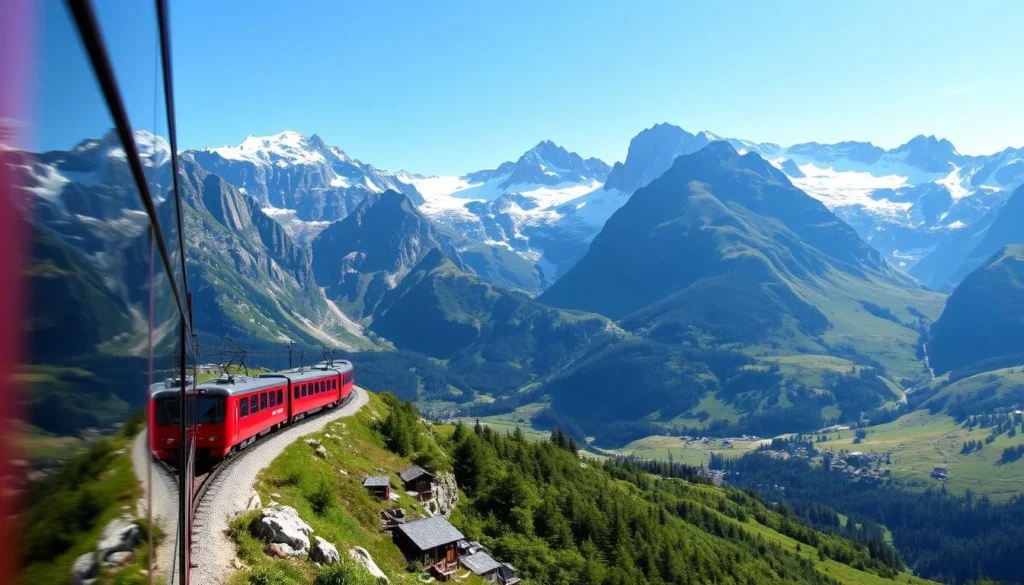 Image of the Bernina Express train passing through the Alps