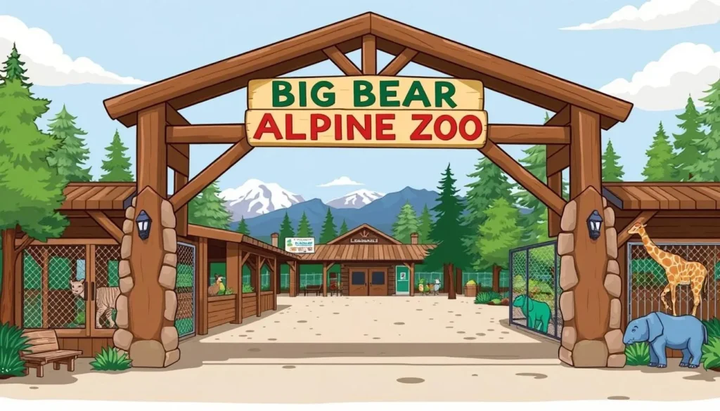 Image of the Big Bear Alpine Zoo entrance with a sign and a few animals in enclosures.