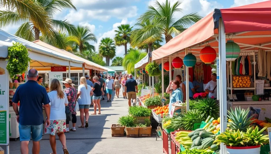 Image of the Cape Coral Farmers Market on a Saturday morning, bustling with activity and colorful stalls.