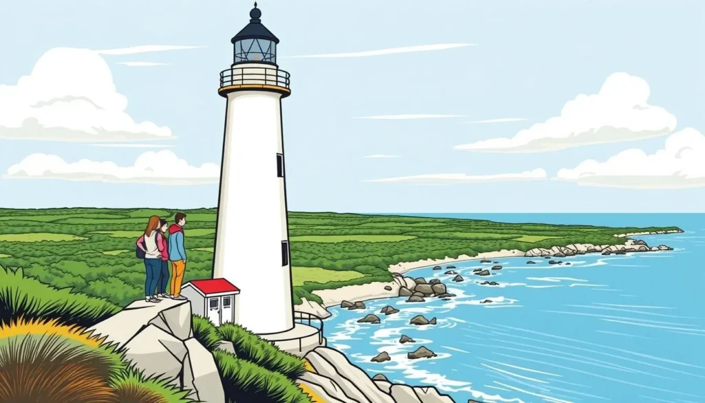 Image of the Cape May Lighthouse with visitors at the top enjoying the view.