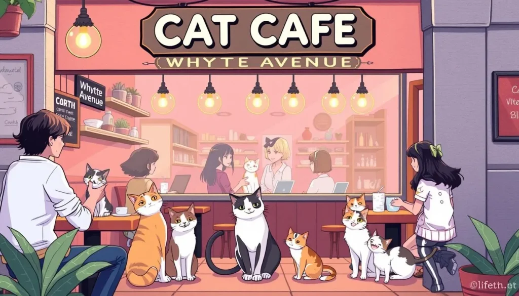 Image of the Cat Café on Whyte Avenue with happy cats and customers